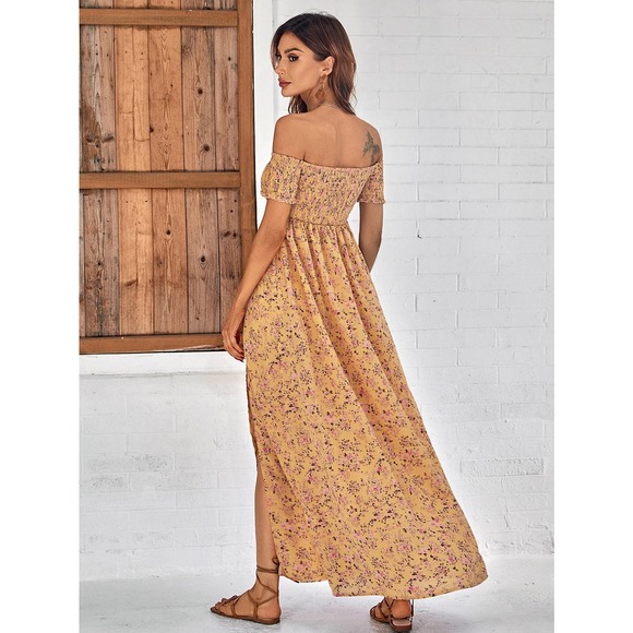 Off the Shoulder Floral High Slit maxi Dress RED boho - Picture 5 of 11